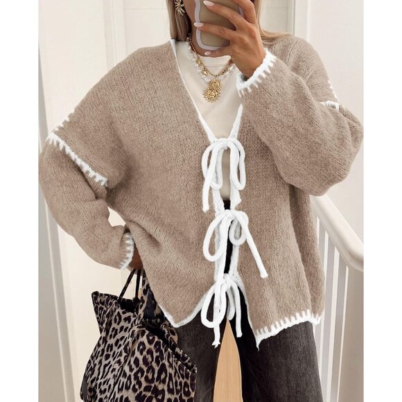 Women's Chunky Knit Tie Front Cardigan - Trendy Puff Sleeve Sweater Coat - Picture 2 of 6